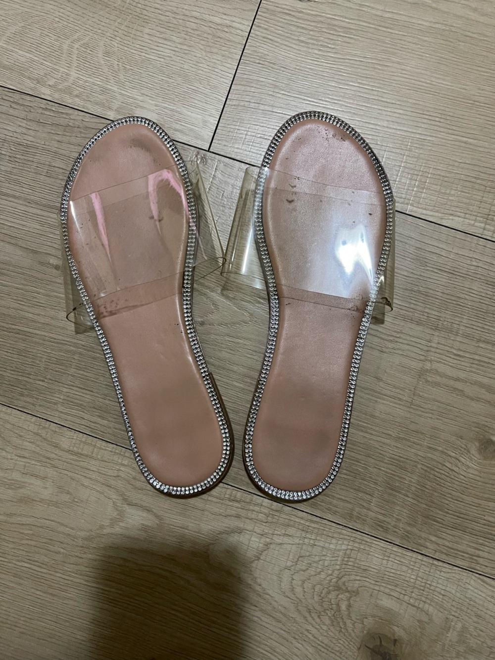 Clear Strap Crystal-Trim Slide Sandals in Nude